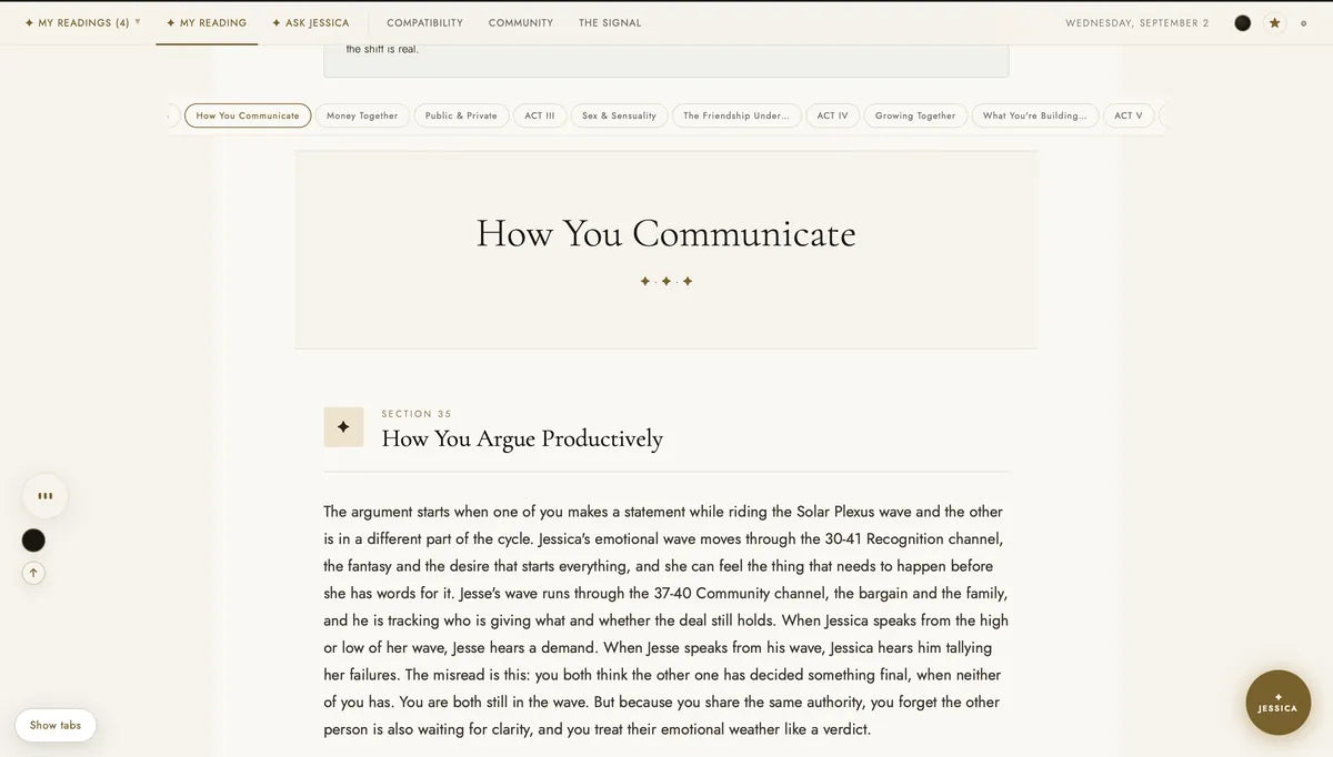 A Compatibility Reading open at section 35, How You Argue Productively, written from the two charts and how their emotional waves meet