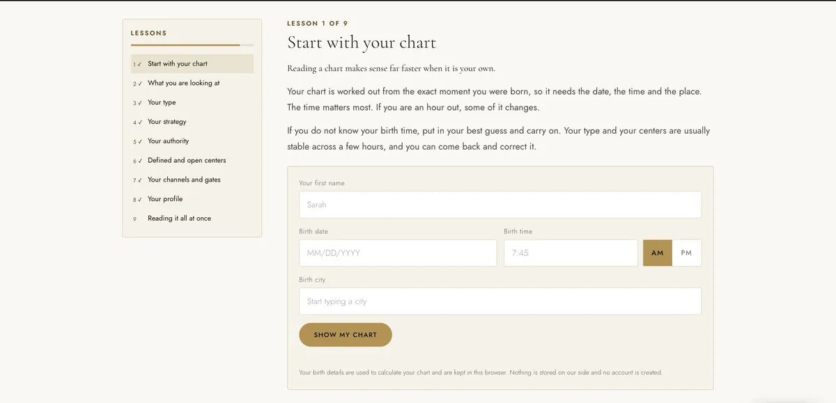 Lesson one of the free mini course, where your birth details generate the chart that every lesson after it is taught from