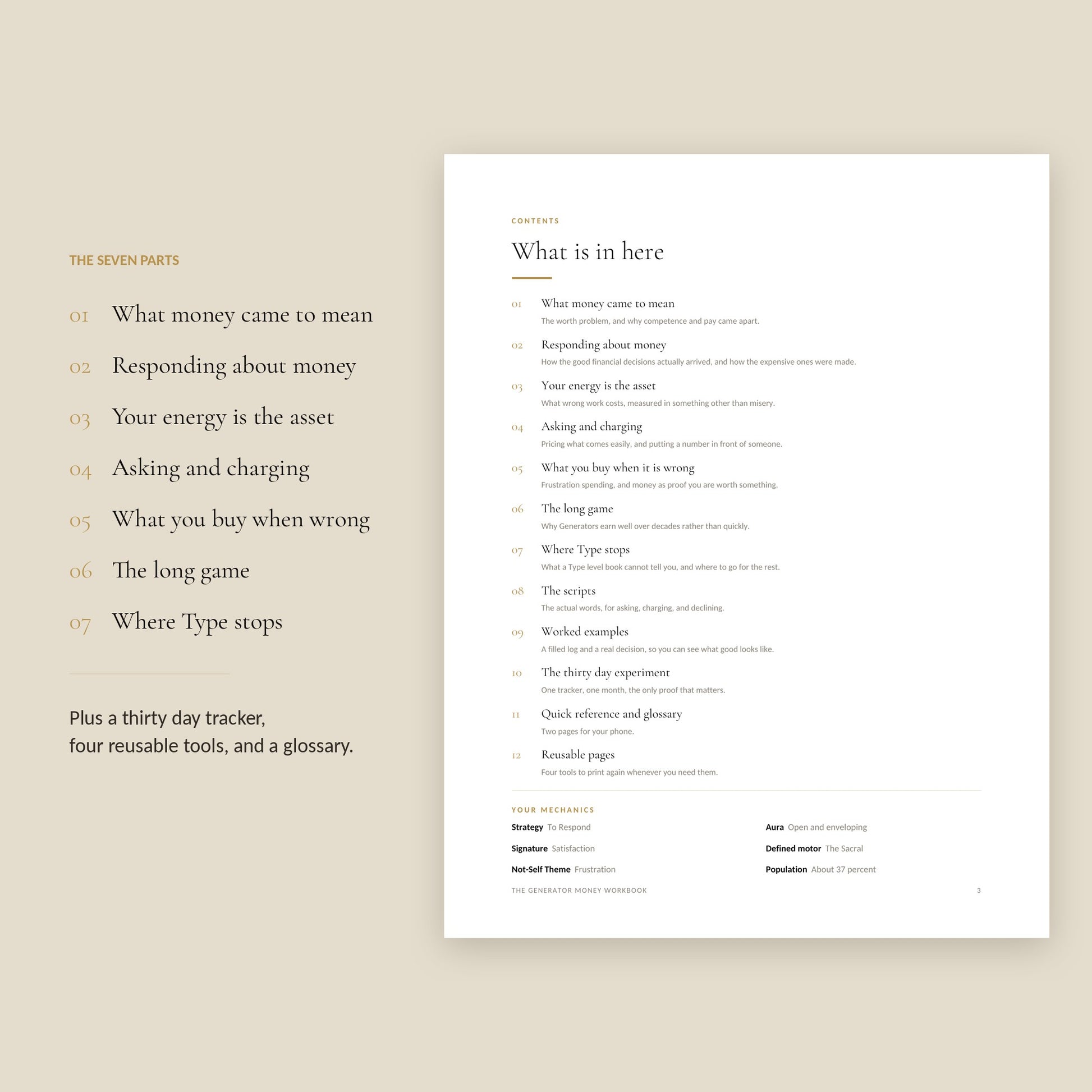 Human Design Generator Money Workbook, contents