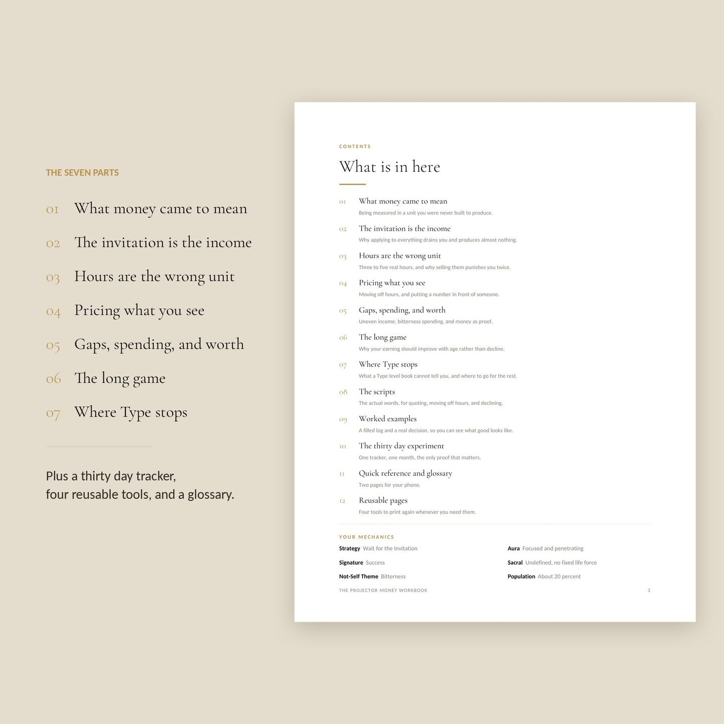 Human Design Projector Money Workbook, contents