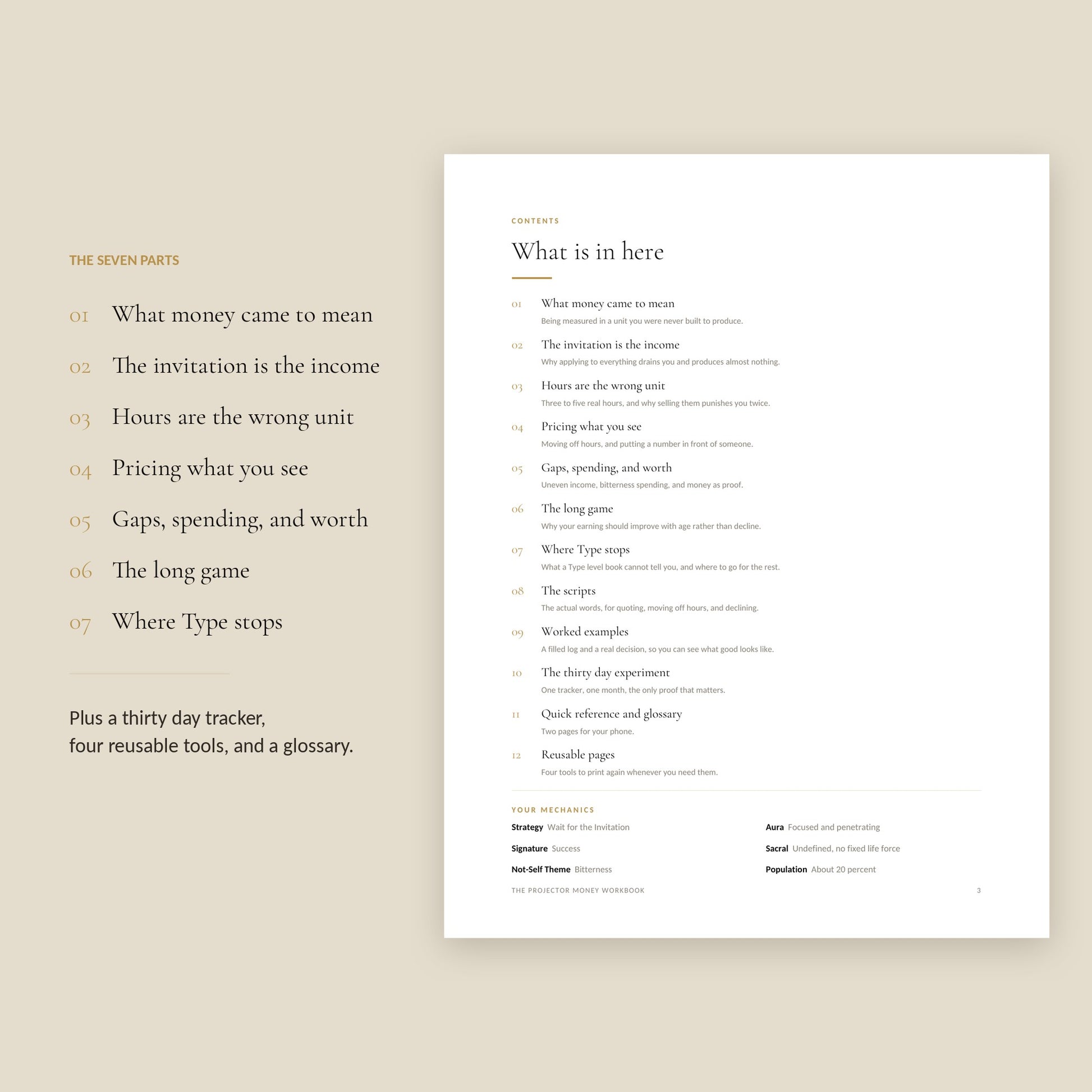 Human Design Projector Money Workbook, contents