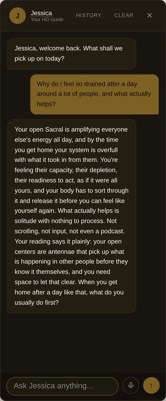 Ask Jessica chat answering a question about draining crowds from an open Sacral center