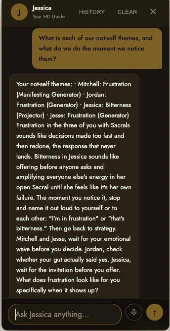 Ask Jessica chat answering each family member's not-self theme from all four charts