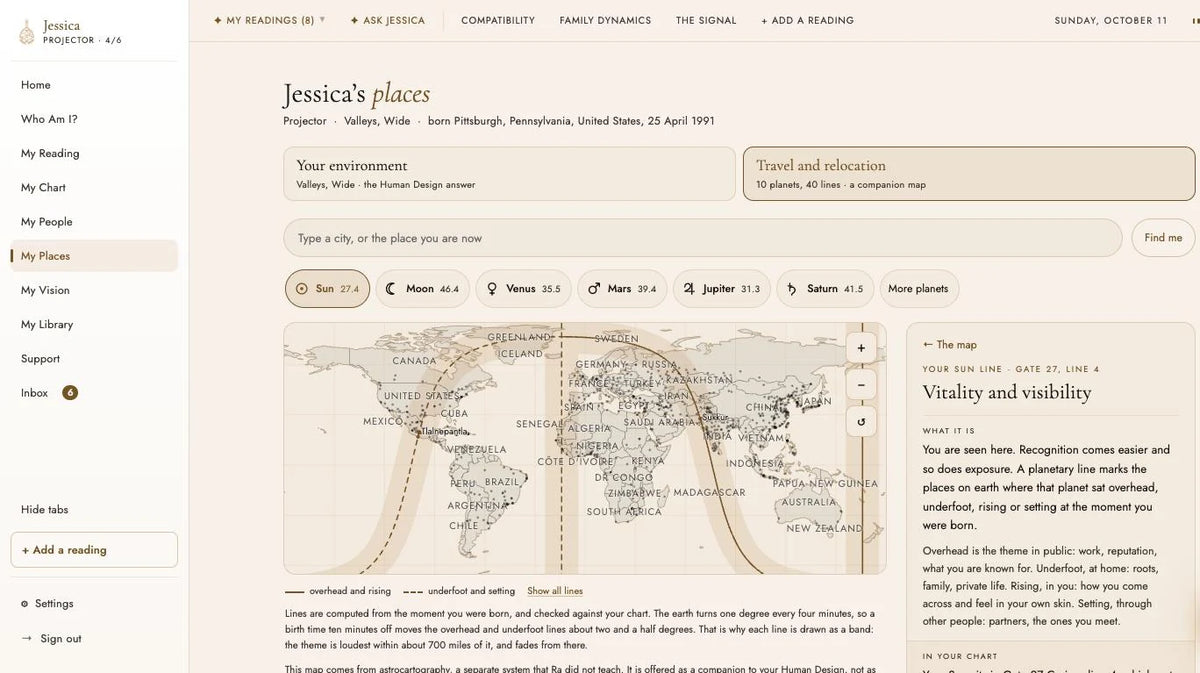 An astrocartography map in My Places: one chart's planetary lines across the world, with the Sun line explained
