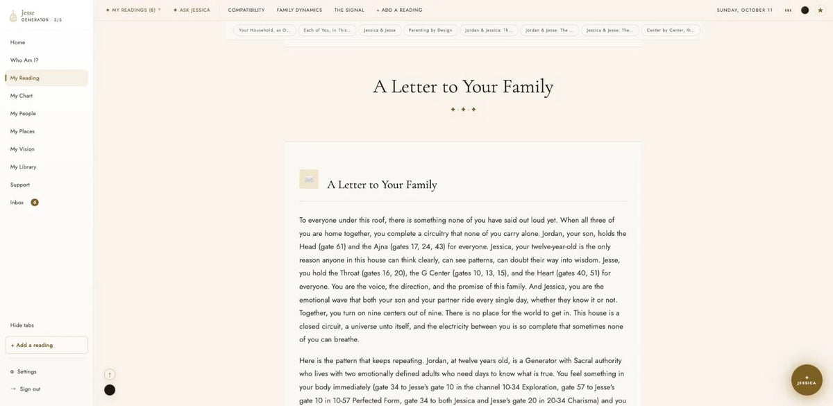 The closing letter of a Family Dynamics reading, addressed to the family