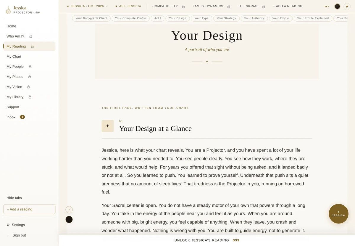 The free first section of an individual reading, Your Design at a Glance, written from one chart