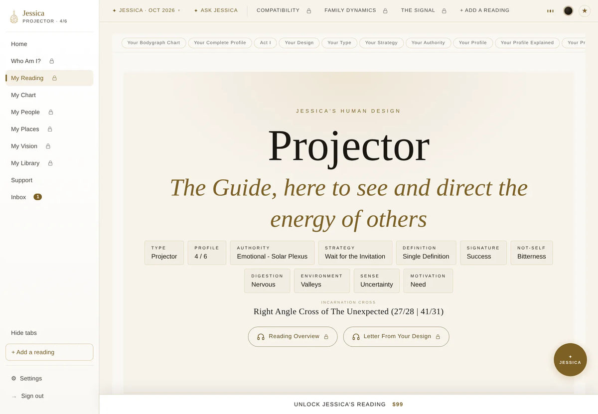 The free page for one chart: Projector, profile 4/6, Emotional authority and the incarnation cross, with the full reading still locked
