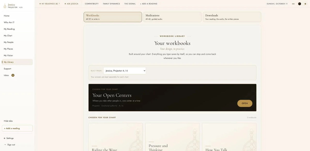 Library page listing all 27 workbooks and 40 meditations in one account