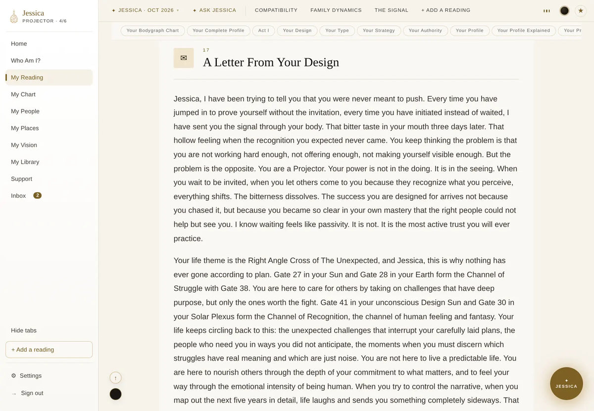 The closing letter of an individual reading, written from the chart and addressed to the reader by name