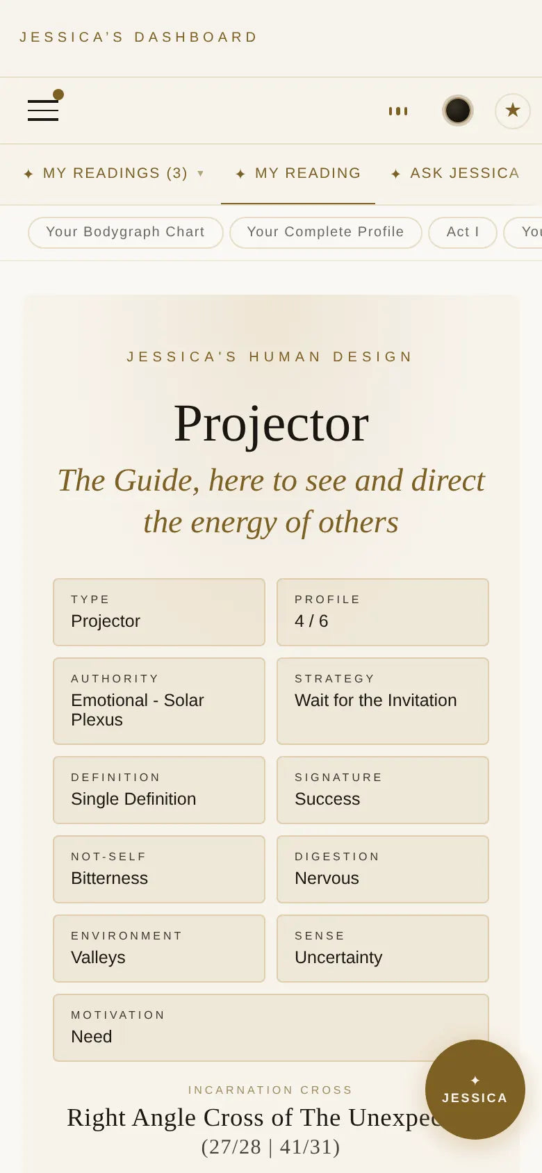 Individual reading opening on a phone: Projector type, profile, authority and strategy cards