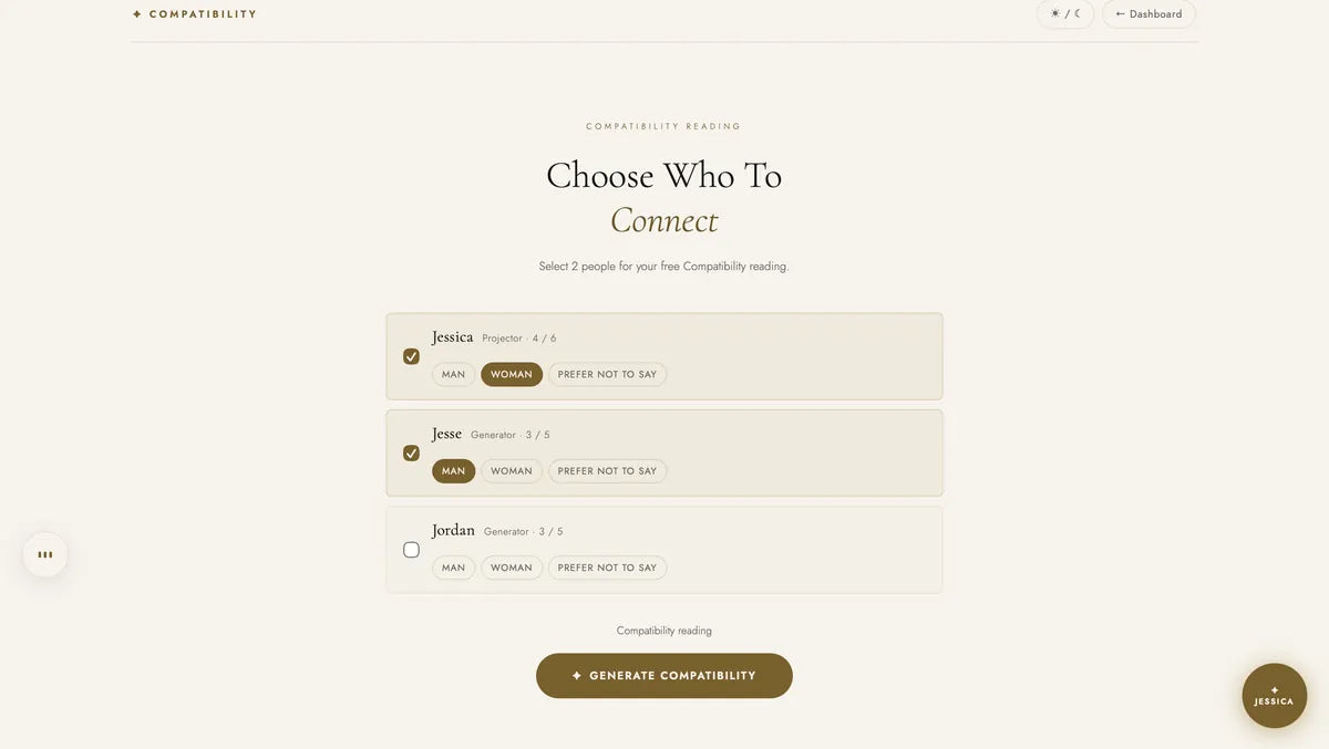 Choosing two people in the private dashboard for a Compatibility Reading, both selected with generate compatibility ready