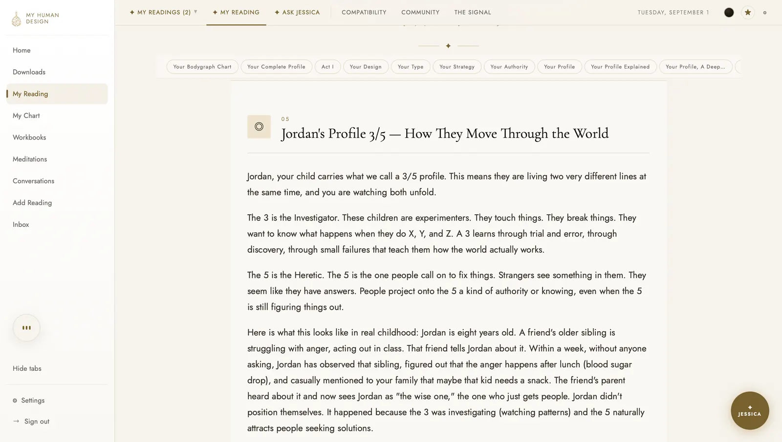 A child's reading open in the same dashboard, explaining the child's profile to the parent in plain language with a real childhood example.