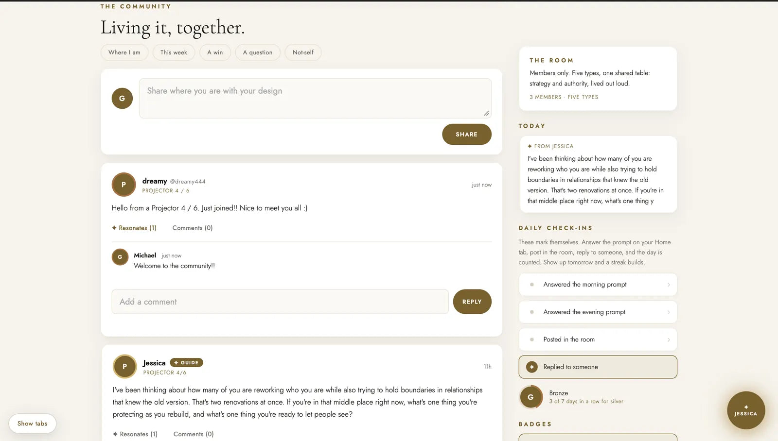 The members-only Community room inside the dashboard: a member introducing themselves, a welcome reply, and Jessica's question of the day.