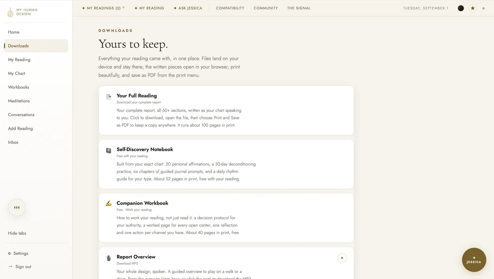 The dashboard Downloads page listing the full reading, Self-Discovery Notebook, Companion Workbook, and audio, each downloadable and printable.