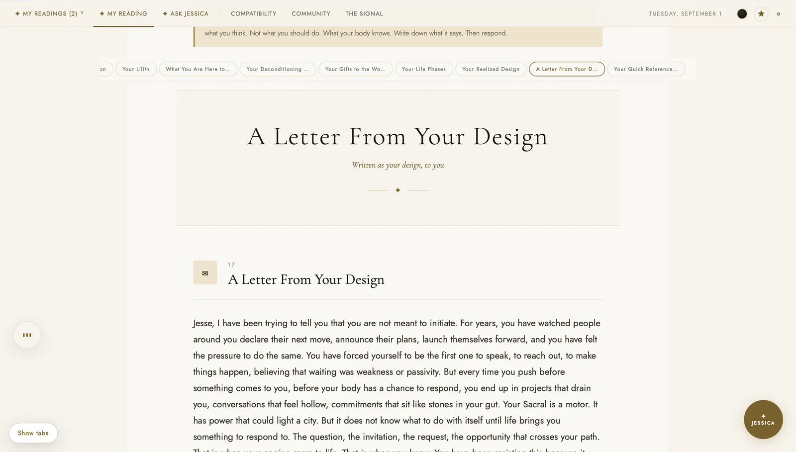 The final section of a real reading: a letter addressed to the owner by name, written in first person as his design speaking to him.