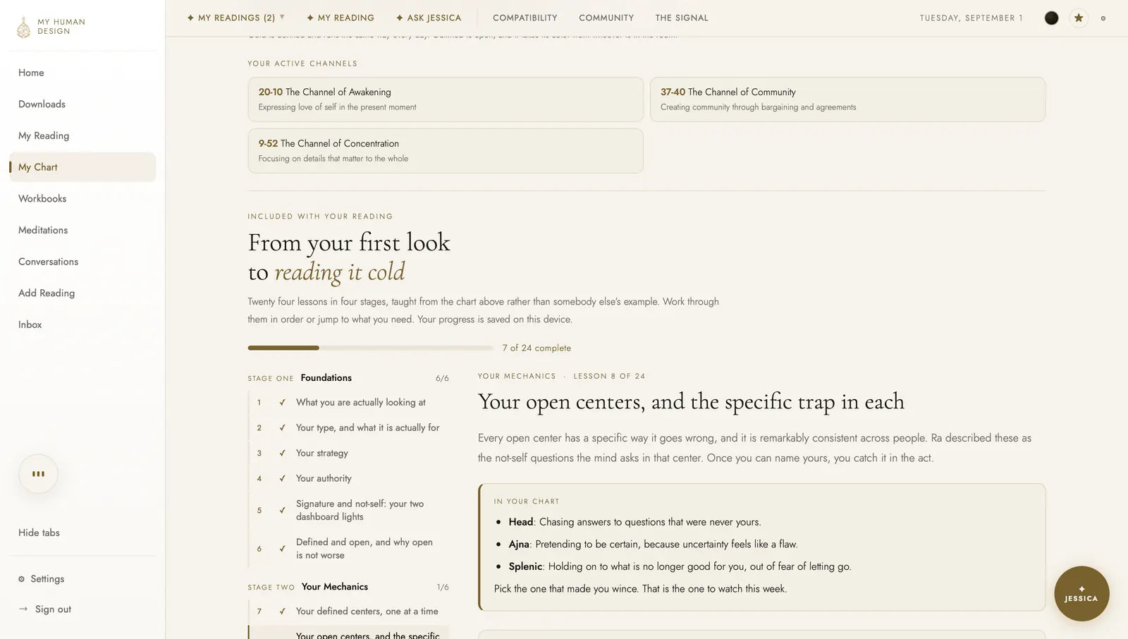 A Masterclass lesson open in the dashboard, progress at seven of twenty four, with an In Your Chart panel reporting the reader's own open centers.