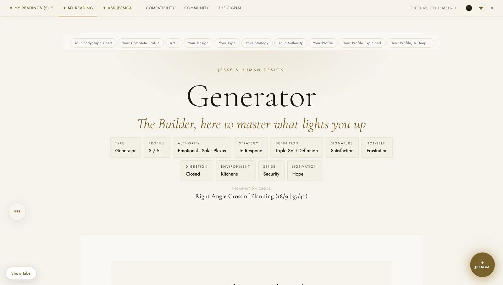 A real Complete Reading open in the dashboard: the type page of the owner's chart with profile, authority, strategy, and definition.