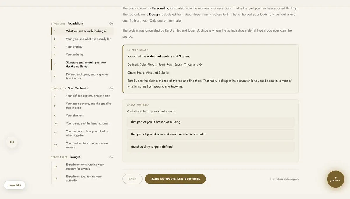 A Masterclass lesson with an In Your Chart callout naming your own defined and open Centers, and a check yourself quiz