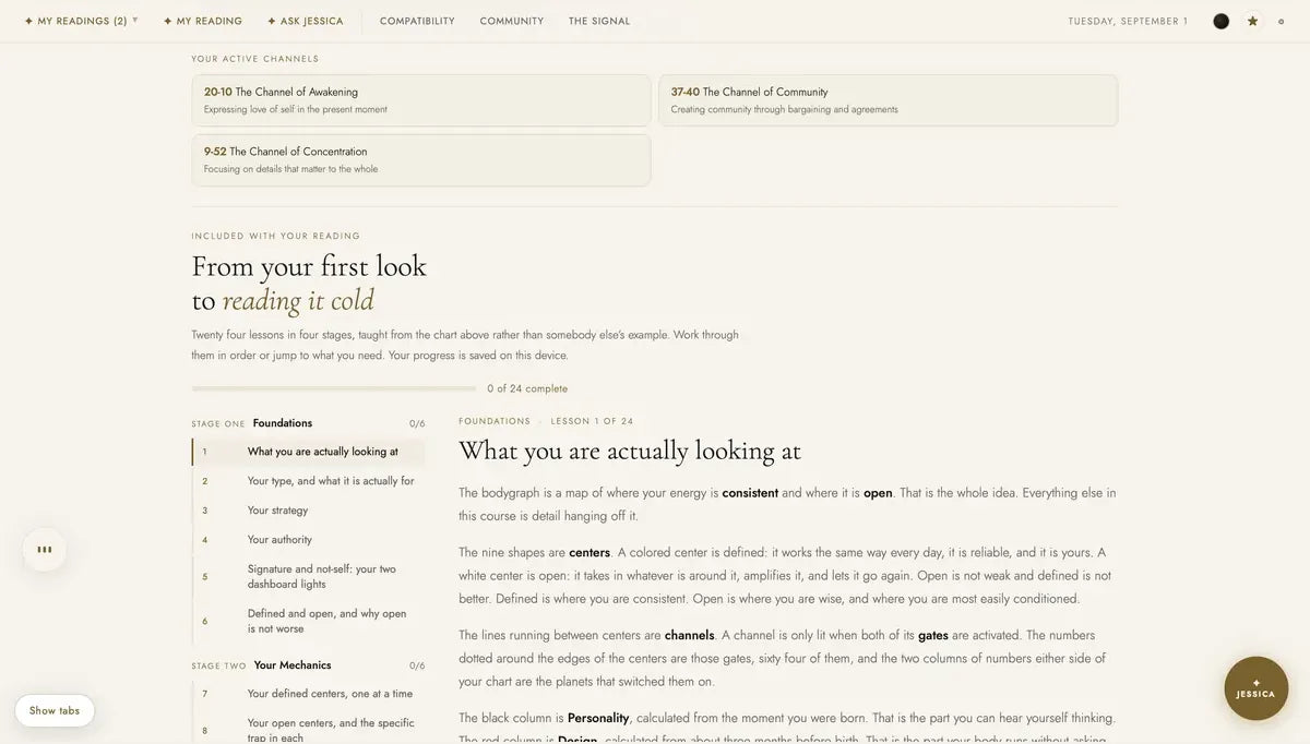 The Masterclass home inside the private dashboard, 24 lessons in four stages with your progress saved as you complete them