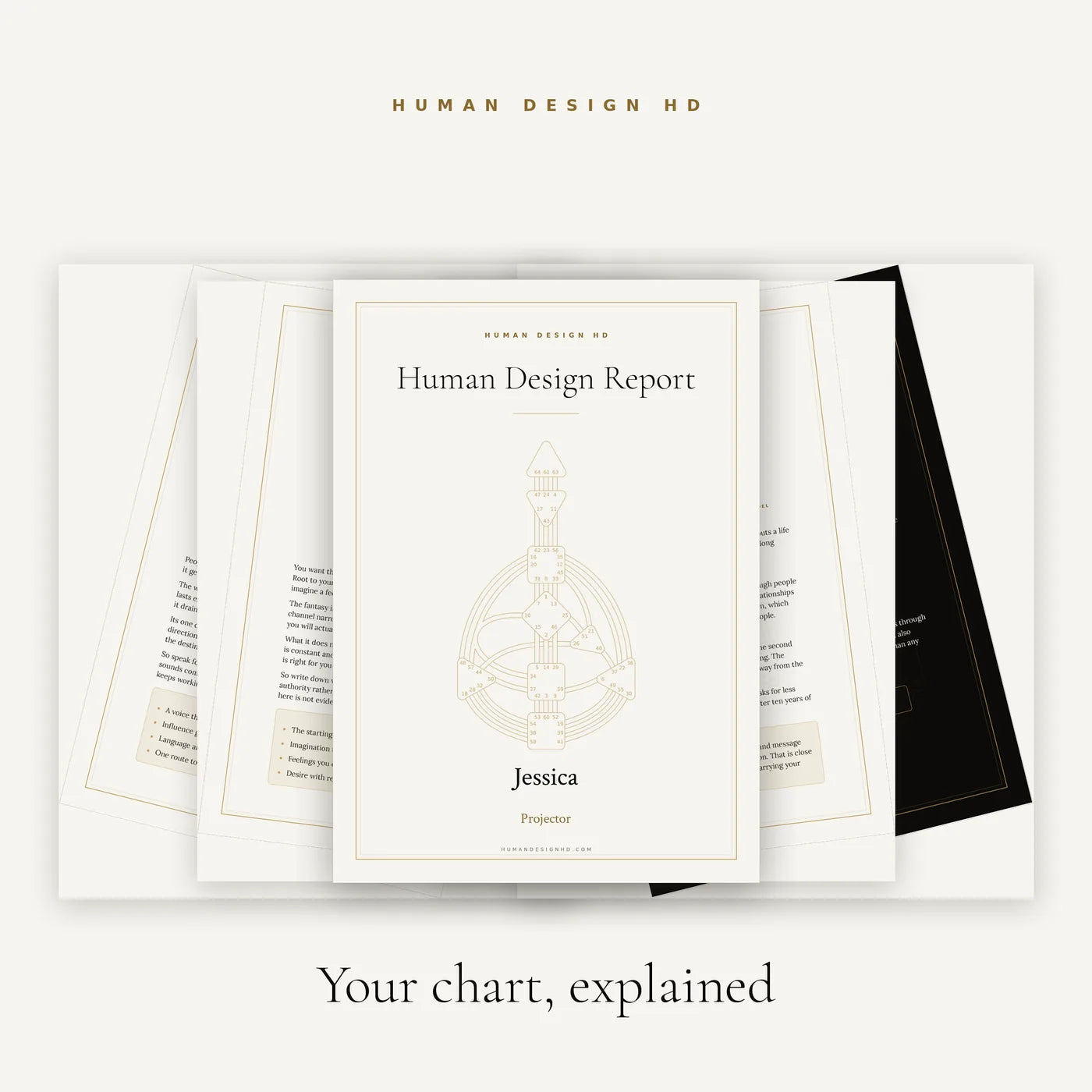 The Human Design Report: a cover page carrying a bodygraph, fanned out over inside pages of written chart explanation.
