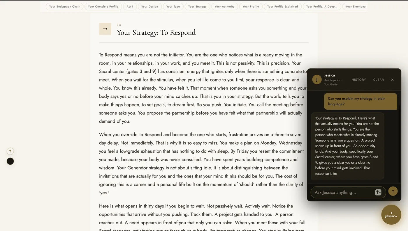 Jessica, the AI guide, open over the Your Strategy section of a Human Design reading, explaining To Respond in plain language from the reader's own chart.