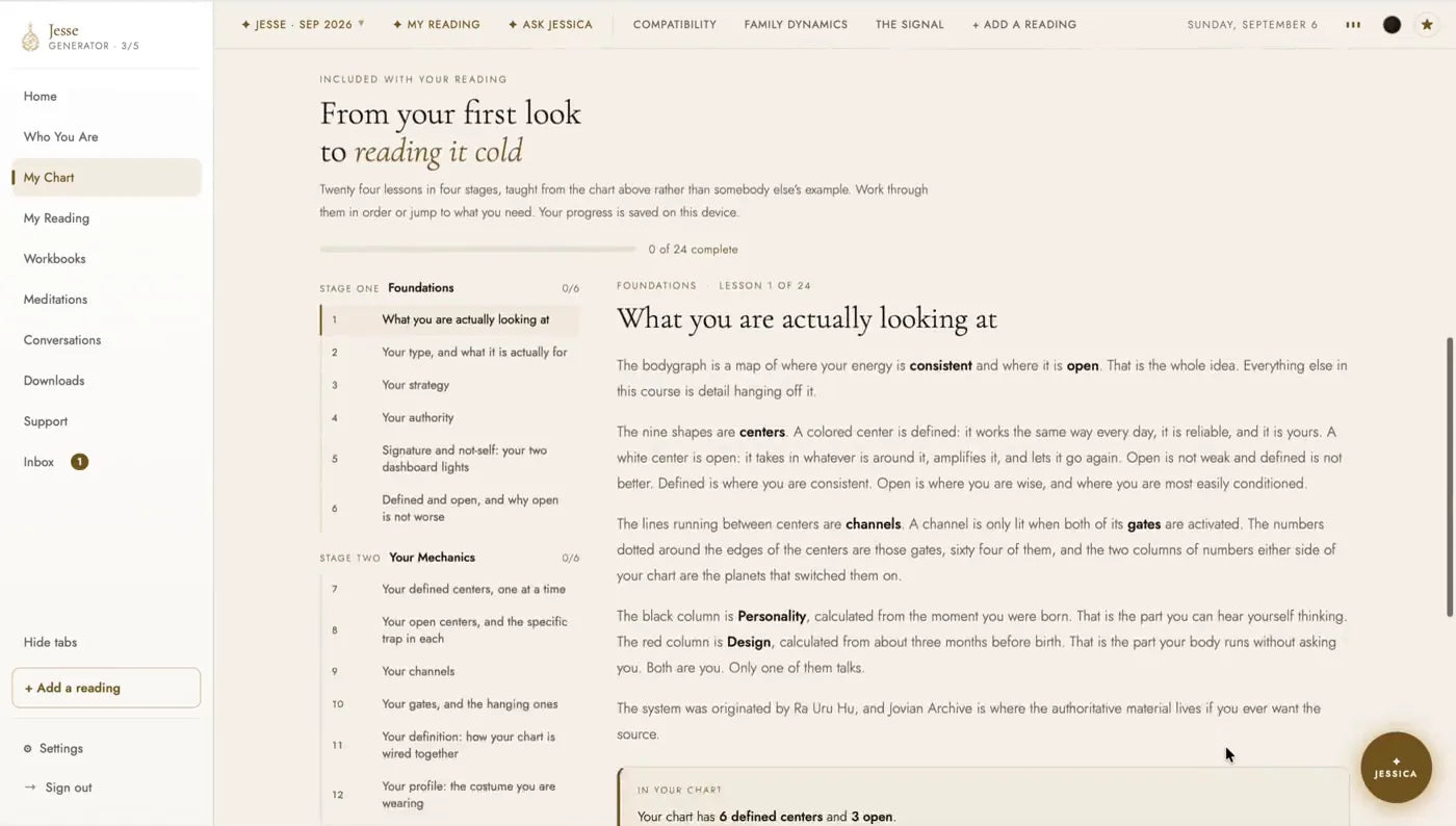 The Human Design Masterclass in the dashboard, open at lesson one of twenty four, with an In Your Chart panel counting the reader's own defined and open centers.