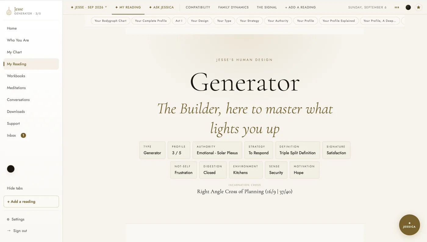 The cover of a real Human Design reading in the private dashboard: Generator, The Builder, with the full profile beneath it, from Type and Authority to the Incarnation Cross.