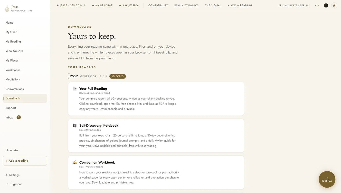 The Downloads page of the Human Design reading dashboard: the full reading, the Self-Discovery Notebook and the Companion Workbook, each downloadable and printable.