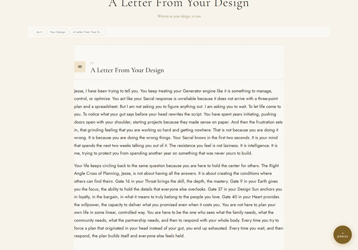 The last section of a real Human Design reading: a letter to the reader by name, written in the first person as his own design speaking to him.