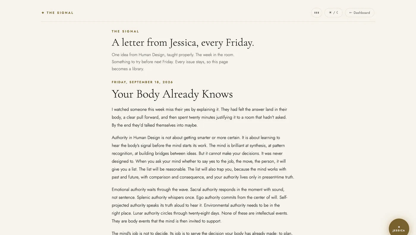 The Signal, a Friday letter from Jessica kept in the Human Design dashboard, this issue titled Your Body Already Knows.