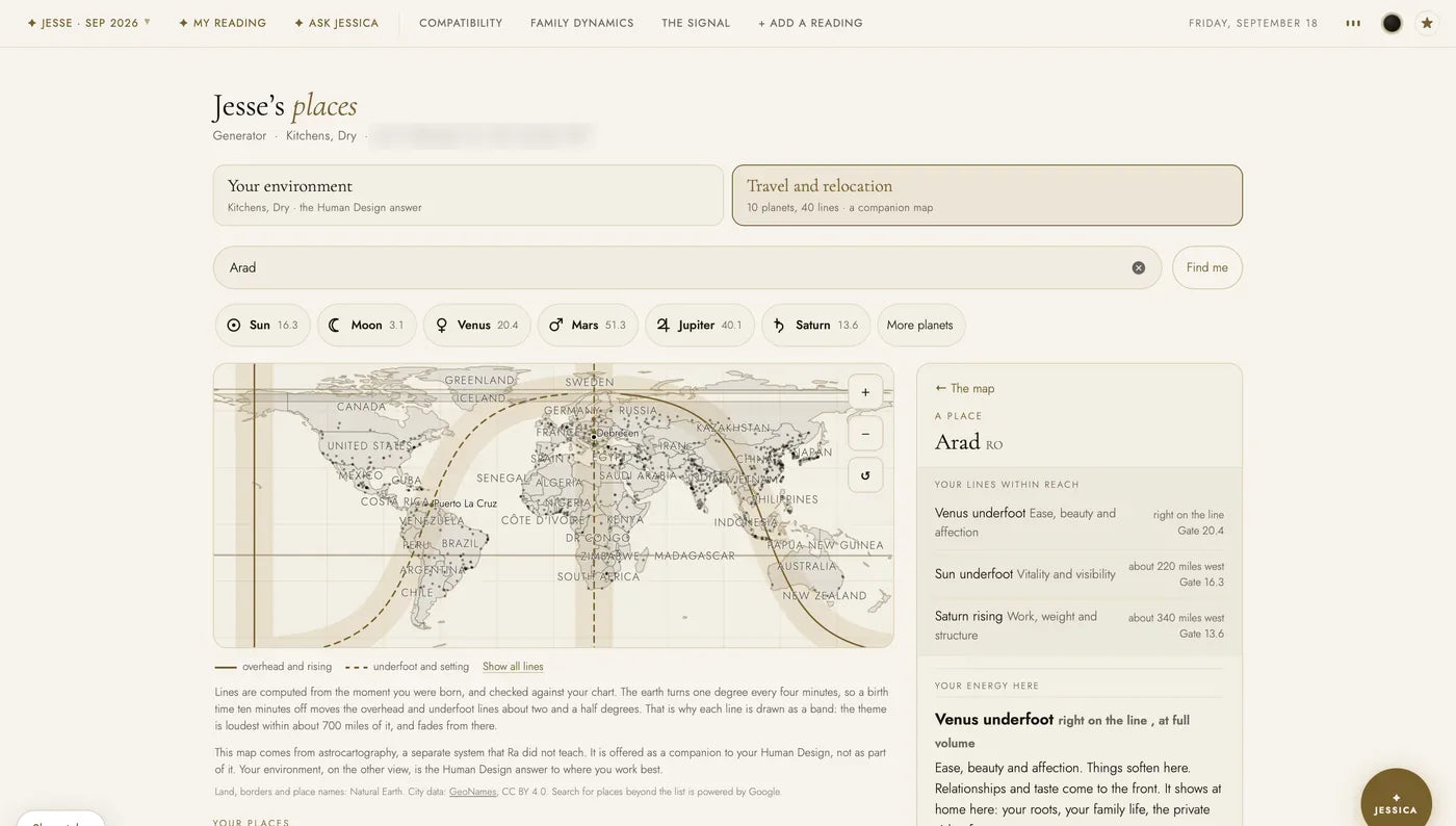 An astrocartography map in My Places, the Human Design dashboard: one person's planetary lines across the world, the Sun, Moon, Venus, Mars, Jupiter and Saturn each named by Human Design gate and line, and Arad, Romania, with the three lines within reach.