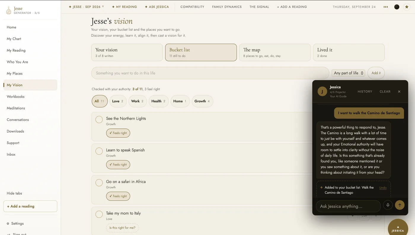The My Vision bucket list in the Human Design dashboard: three items marked Feels right after checking with the owner's authority, while Jessica adds Walk the Camino de Santiago.